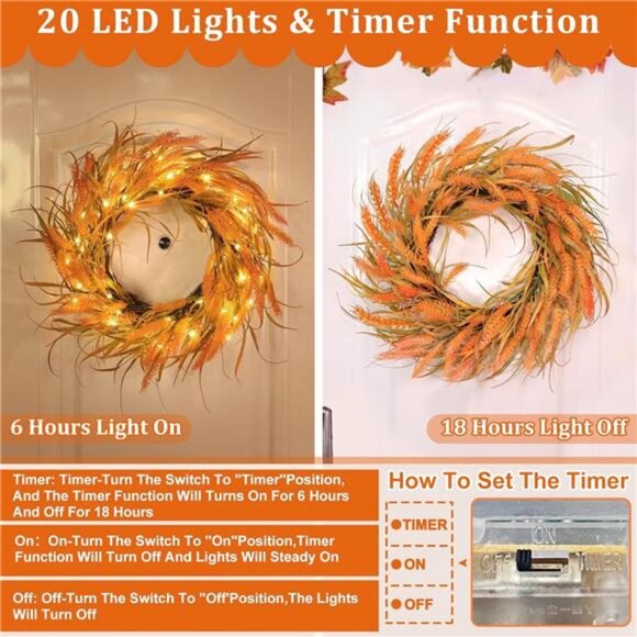 20 Inch 20 LED Thick Fall Wreaths for Front Door Fall Decor Fall Leafed Wheats - Picture 5 of 7